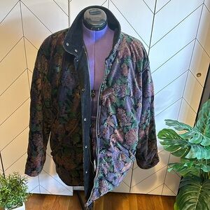 Vintage 90s Floral Flower Velvet Texture Bomber Jacket Coat Womens Plus 1X Retro